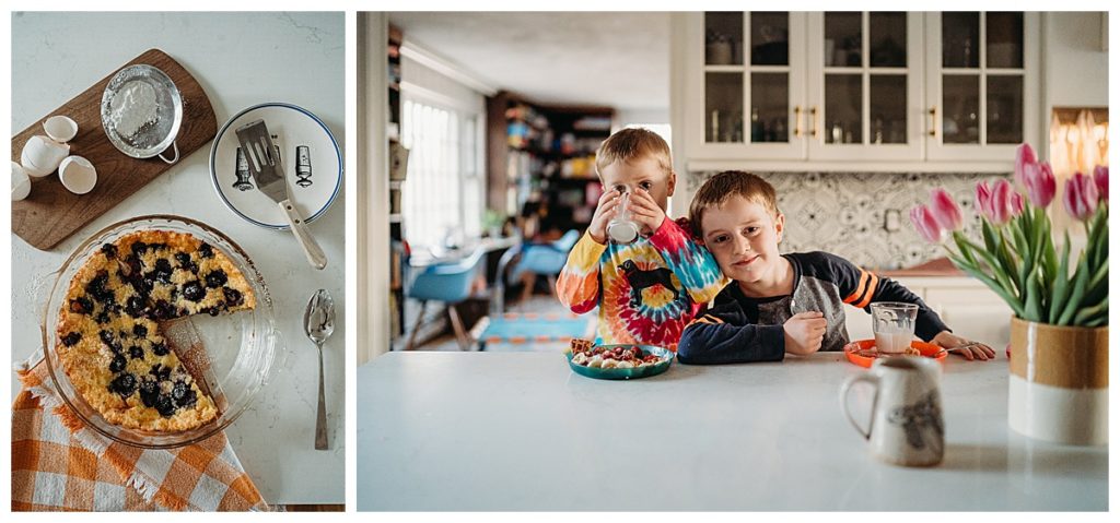 kids sit at a kitchen counter eating breakfast