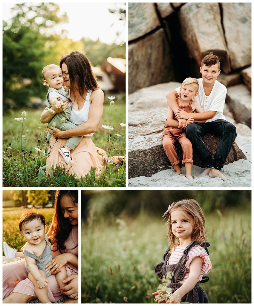 kids of all ages wearing overalls and rompers for family photo session