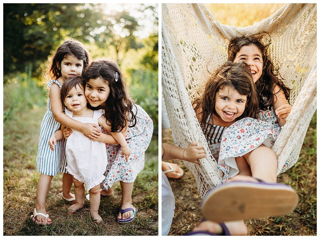 sisters wearing light colored spring outfits during family photos in boston