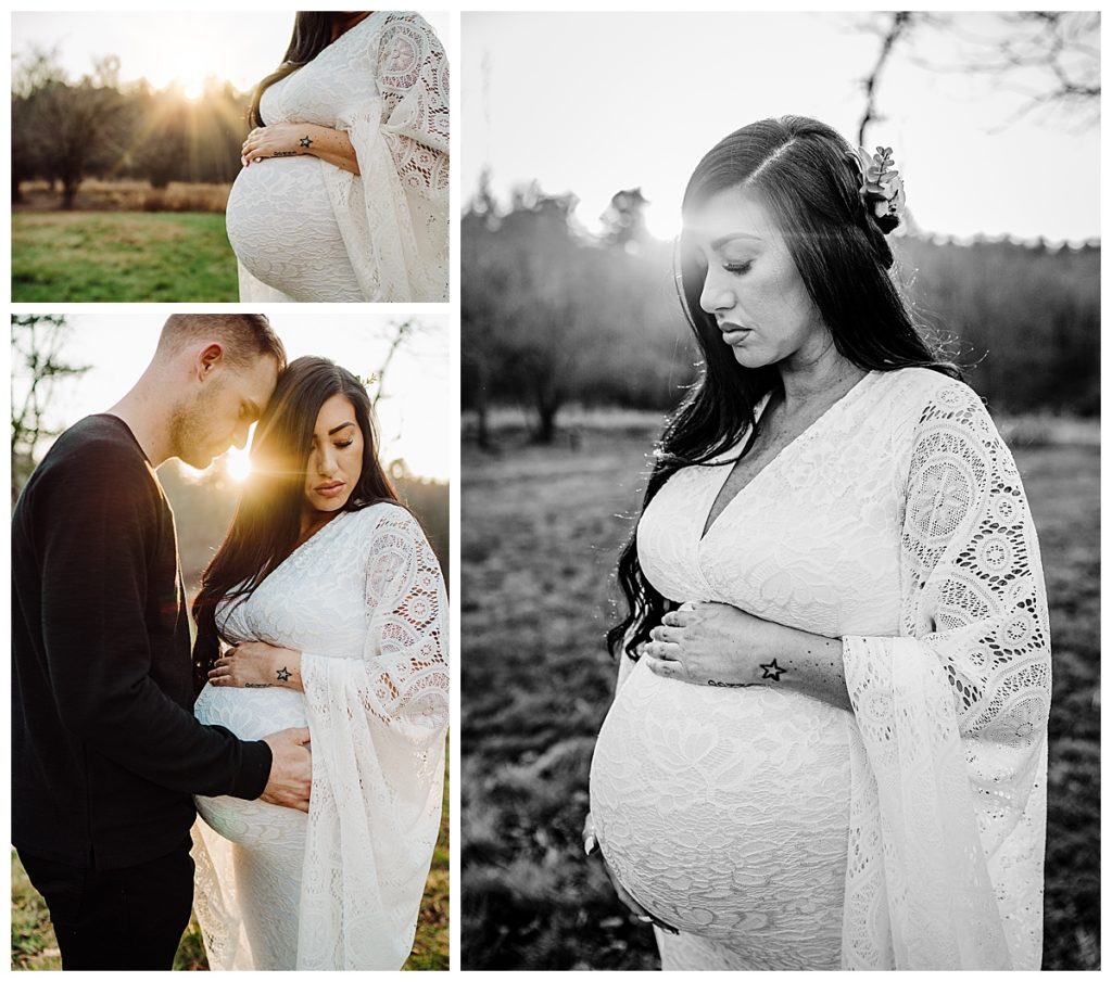 pregnant mother in lace dress poses for pregnancy photos