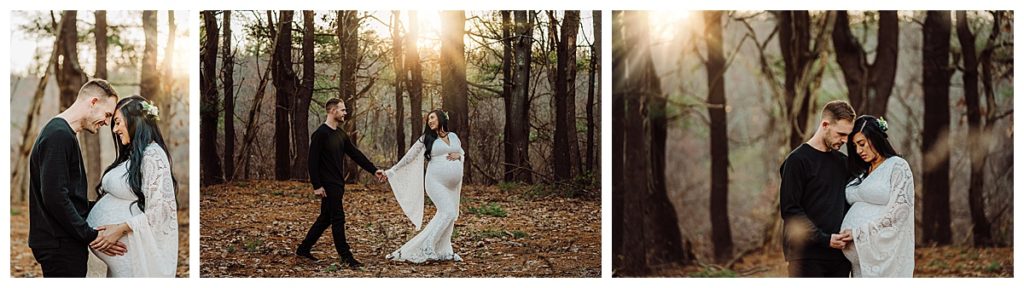 couple walks in a winter forest during maternity photoshoot