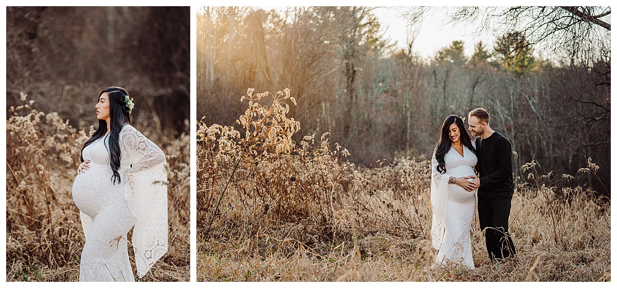 winter maternity photoshoot in boston with white lace dress