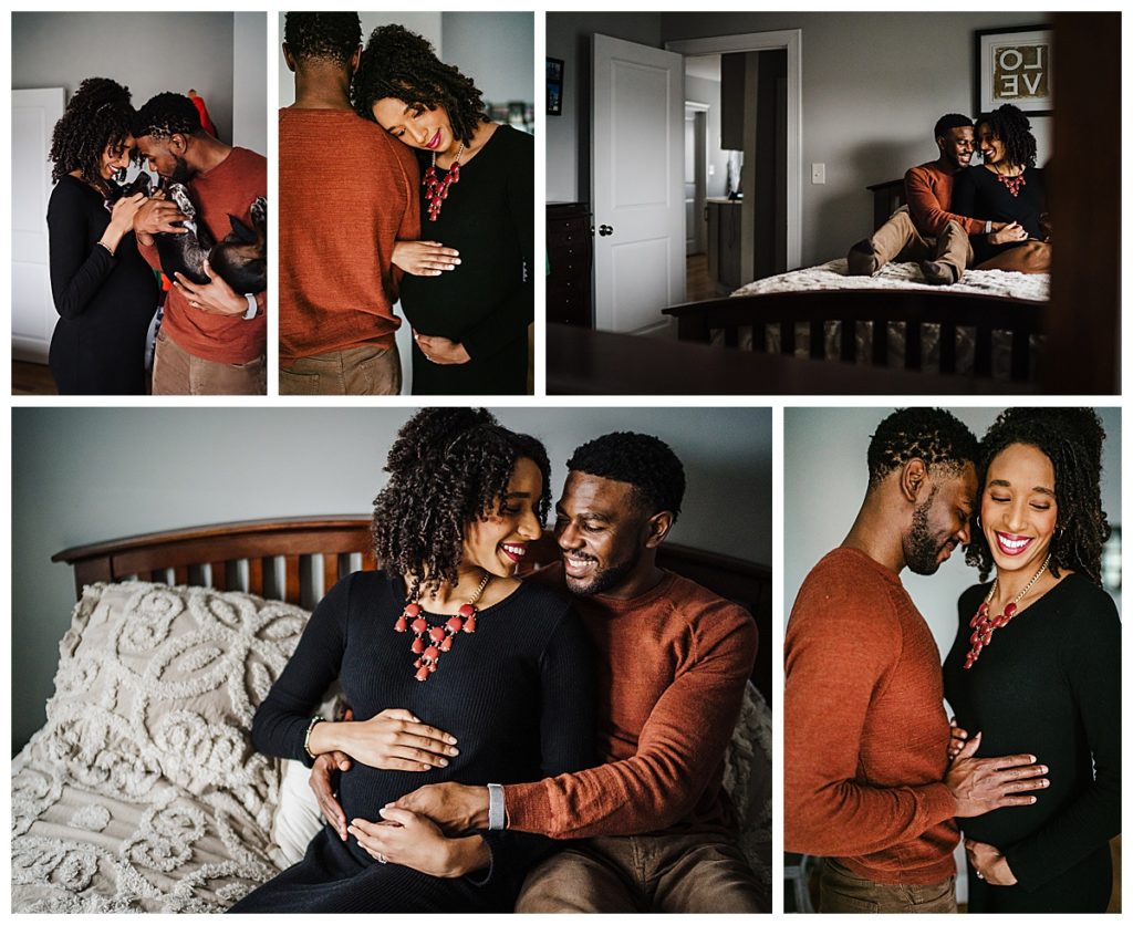 couple snuggles up during in-home winter maternity photos in boston