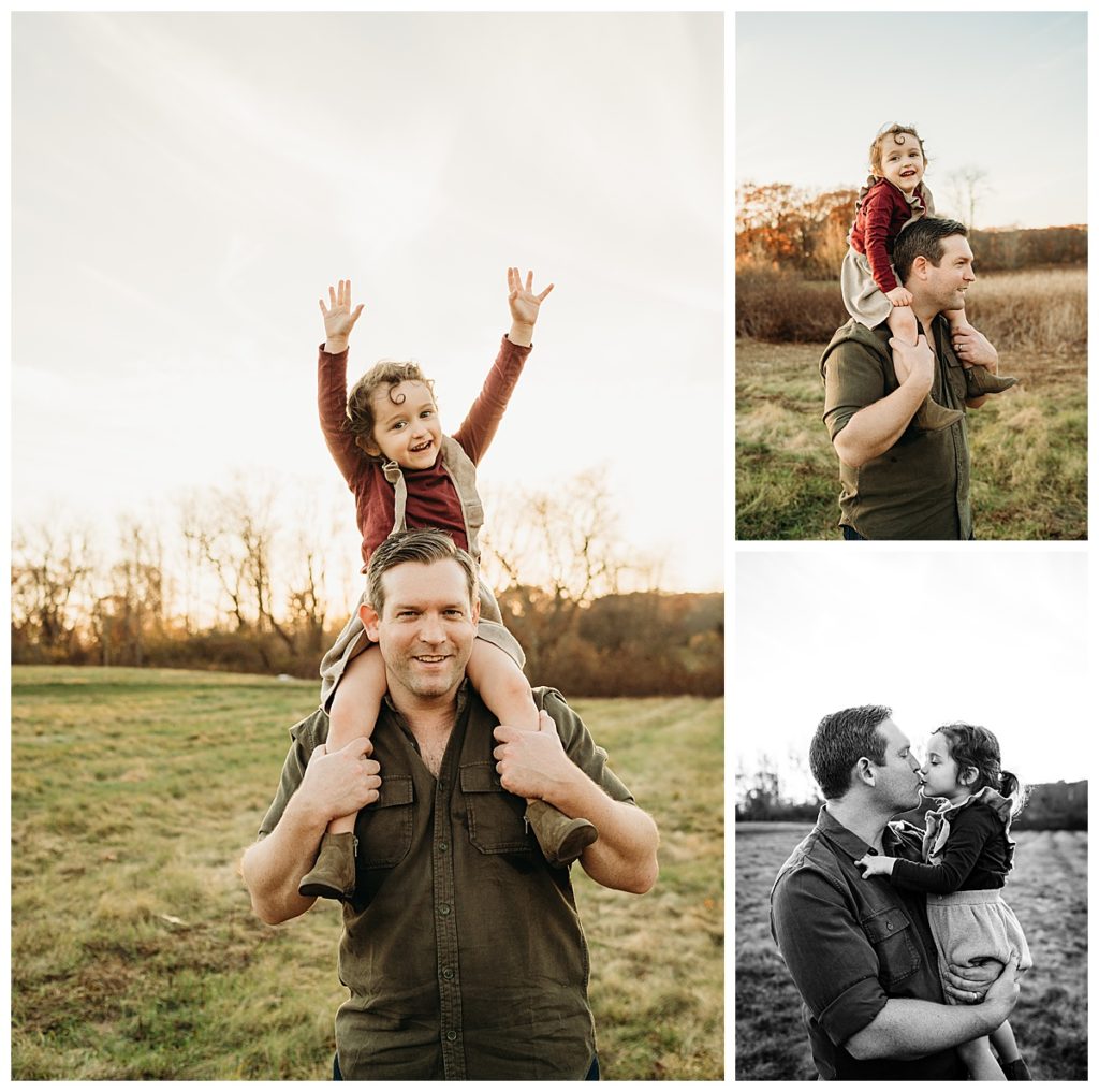 little girl rides on fathers shoulders during family session