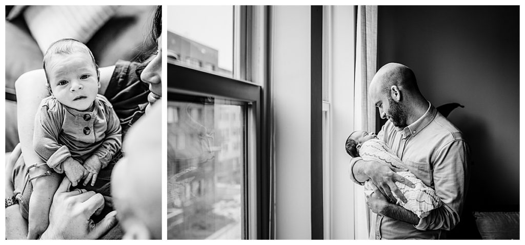 black and white newborn lifestyle images in apartment