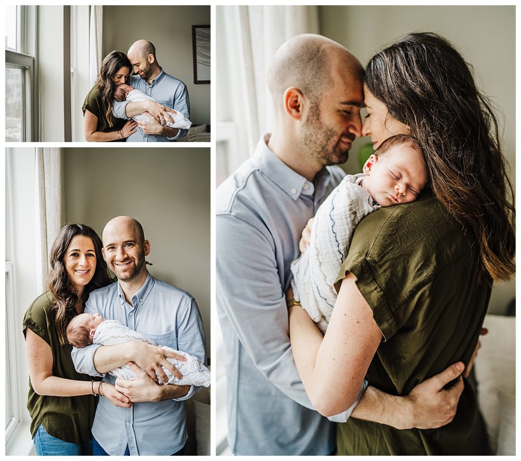 parents snuggling new baby boy during newborn photos