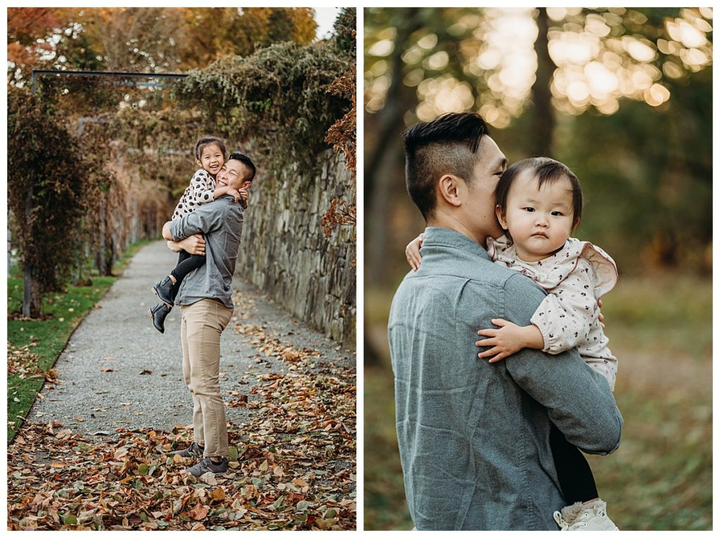 dad snuggles girls in autumn photo session