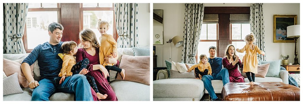 family gets photos taken in their living room in boston