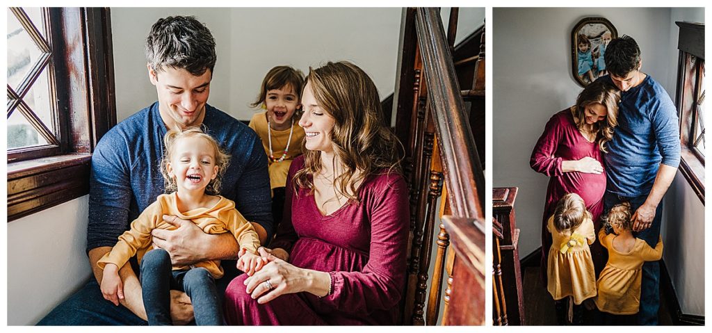 in-home family session in boston with family laughing on staircase