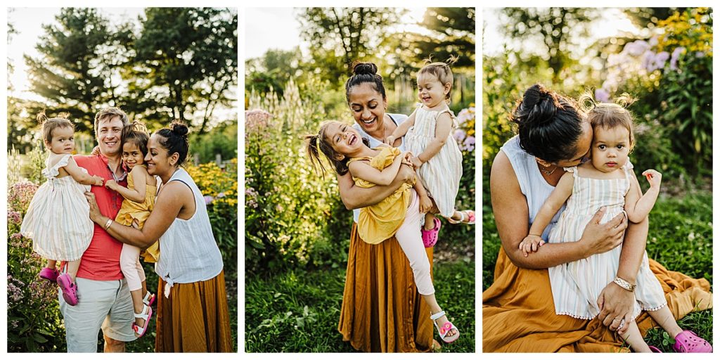 mom laughs with her girls during family photos