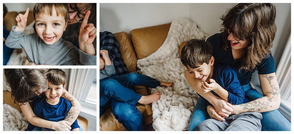 mom snuggles boys on couch during boston family photos