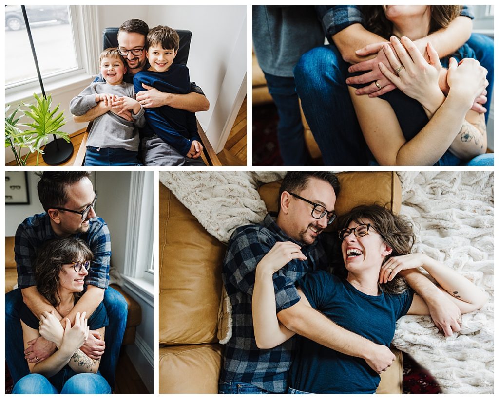 parents take pictures together while they stay home for family photos