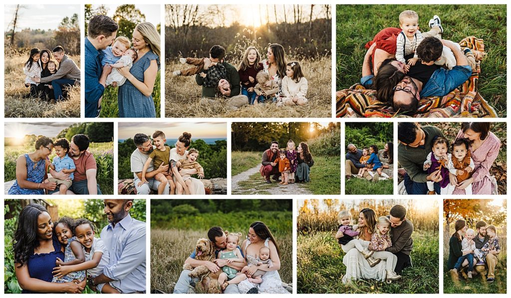 a collage of families snuggling during boston family photos