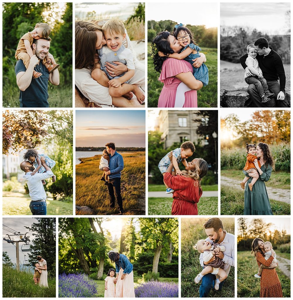a collage of candid posing for parent and child portraits 