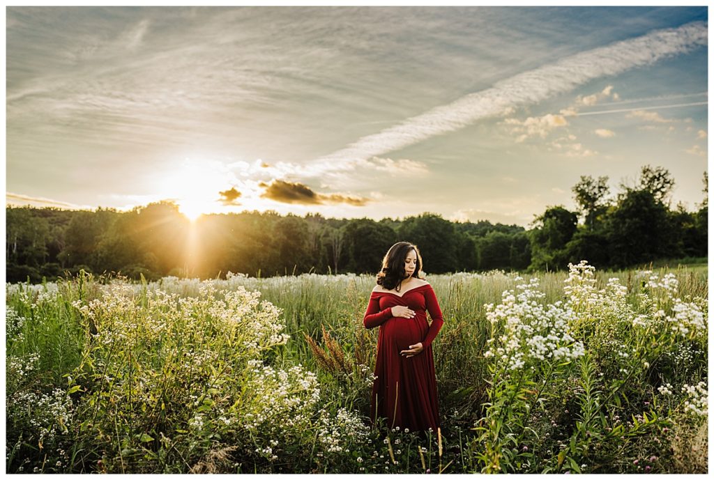 pregnant woman in long burgundy dress stands in flower field at sunset