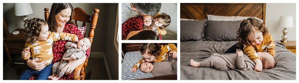 toddler girl snuggles baby sibling during newborn photoshoot in Boston