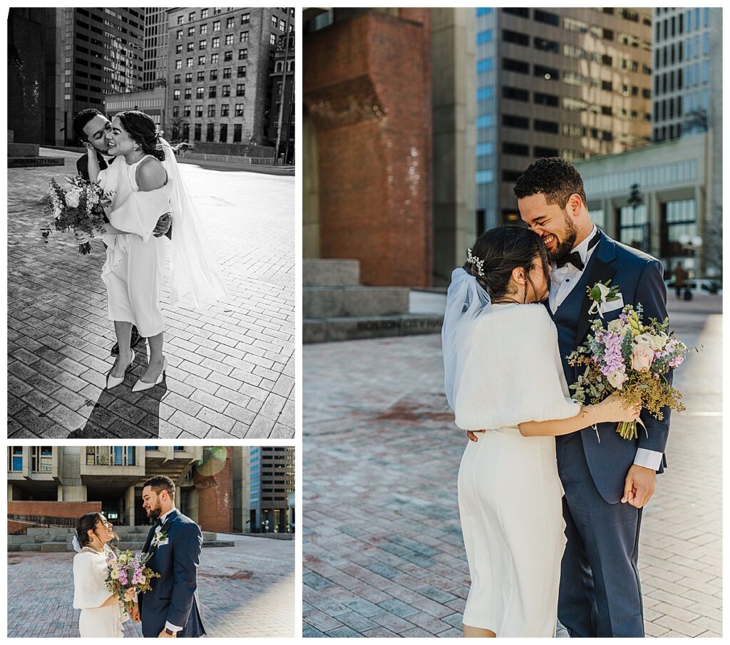 portraits of a bride and groom in government center in boston.