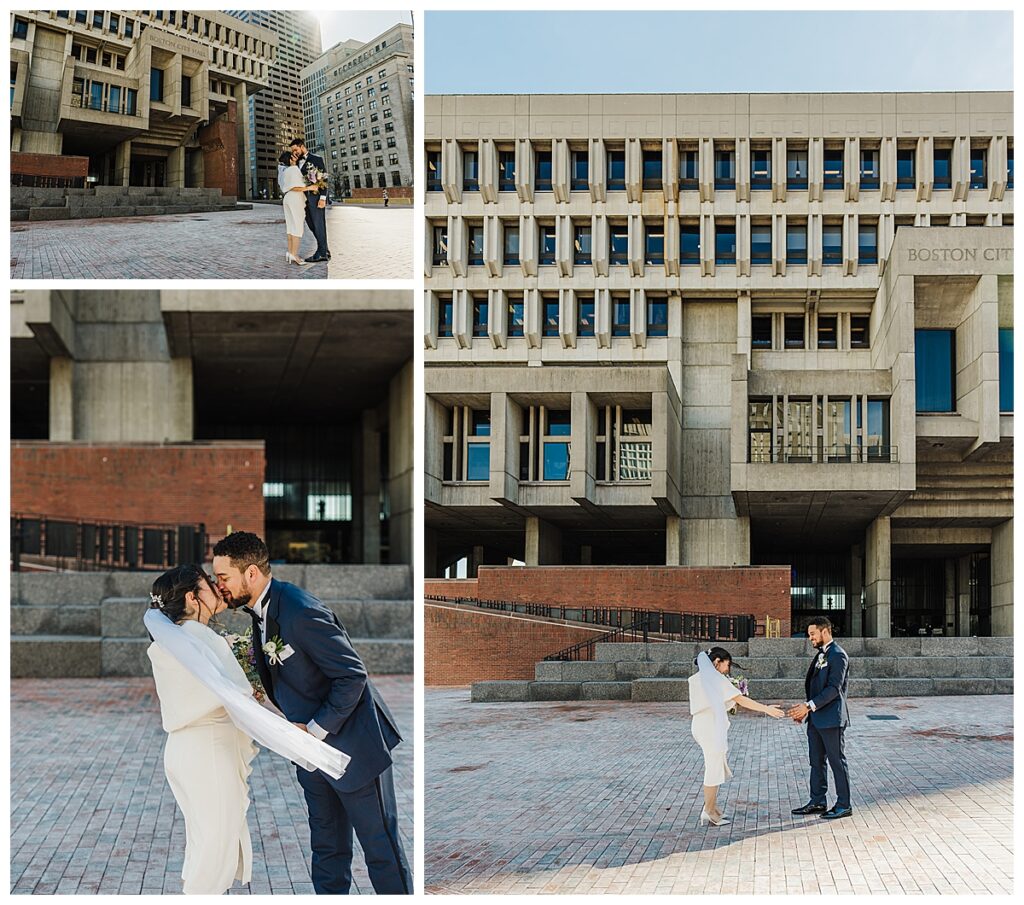 a couple in wedding attire pose outside Boston City Hall