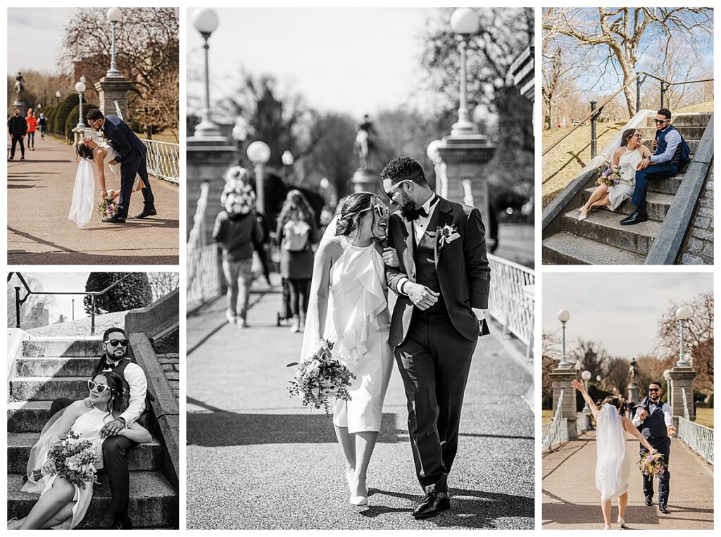 An elopement couple strolls through Boston public garden in wedding attire.