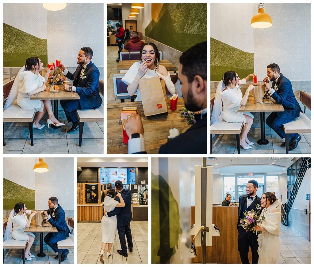 a couple eats at McDonald's after their Boston City Hall elopement.