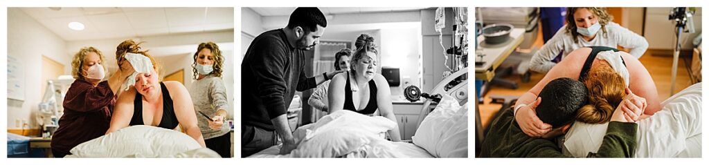 a doula and husband provides support to a laboring mom in a hospital in boston