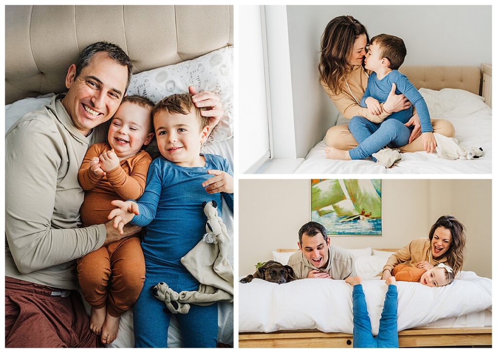 family laughs on bed during in home boston photography