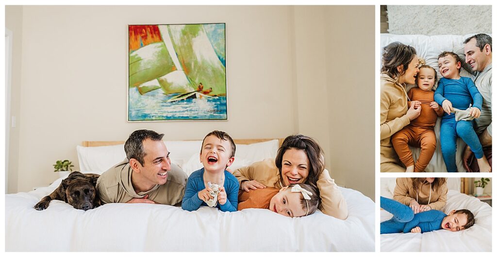 family snuggles on bed in boston during photo session