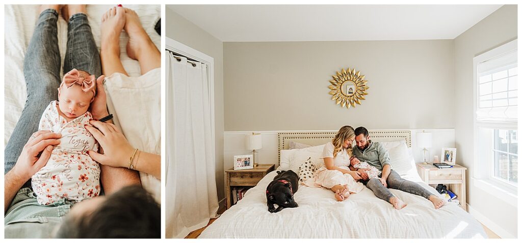 family with newborn and dog pose for natick newborn photographer