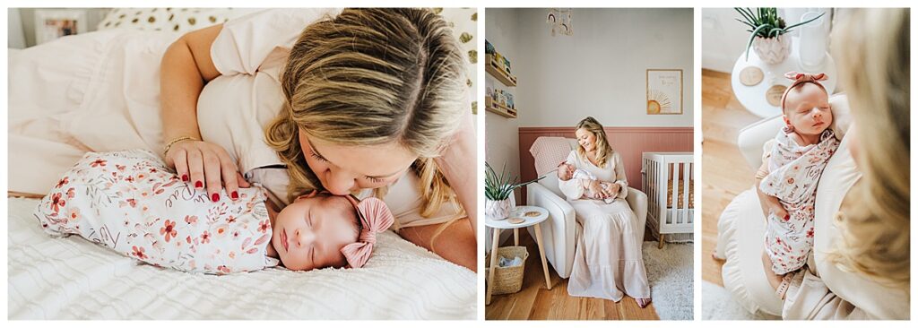 mom snuggles baby girl during newborn photoshoot in natick