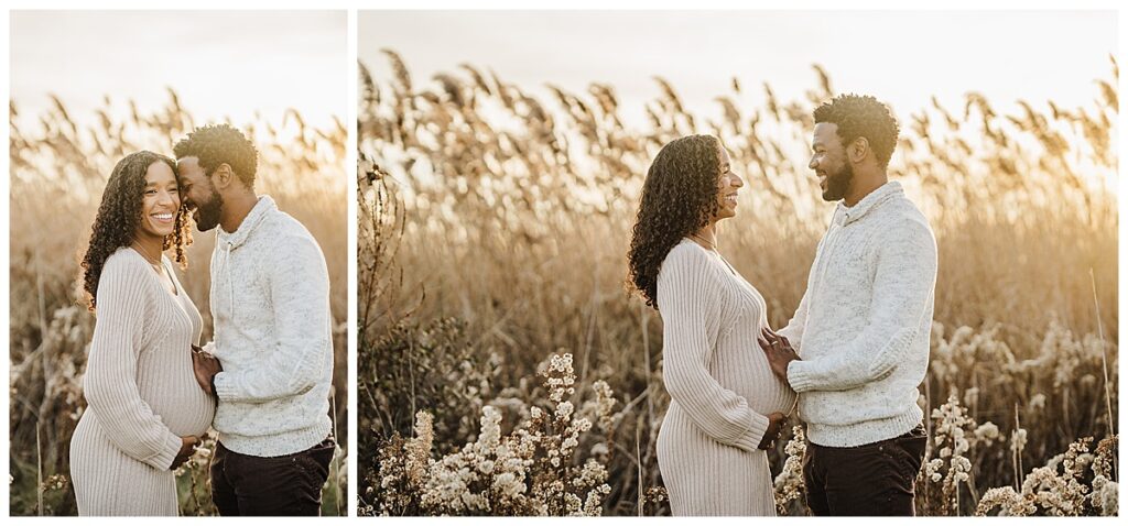 couple in cream clothing take pregnancy photos in boston