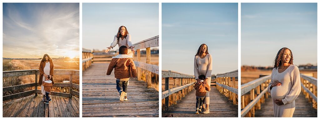 woman poses for maternity photos on boardwalk