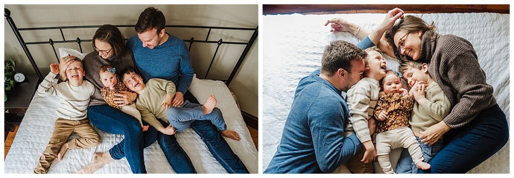 family sits on bed during newborn session to practice lighting an in-home family session