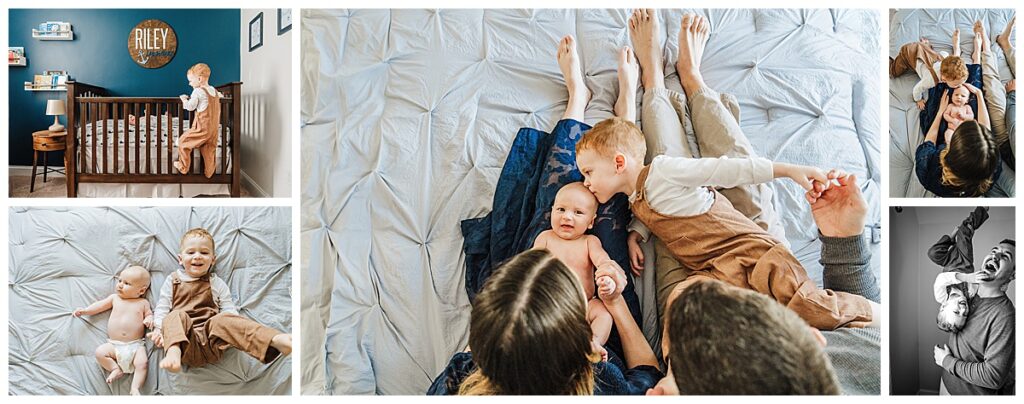 brothers interact during an indoor newborn photography session