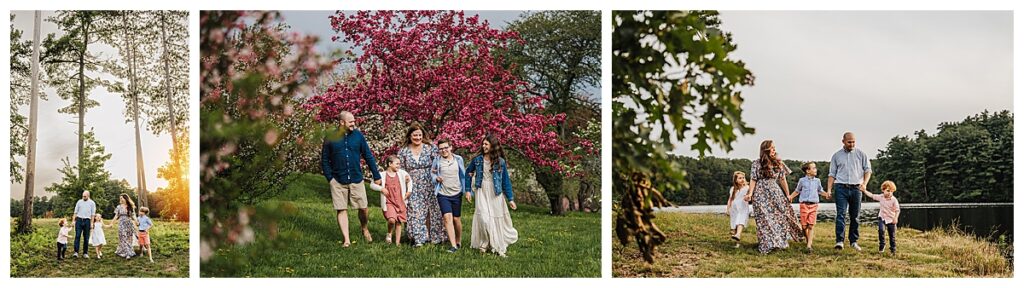 families of five walk in a line for boston family photos