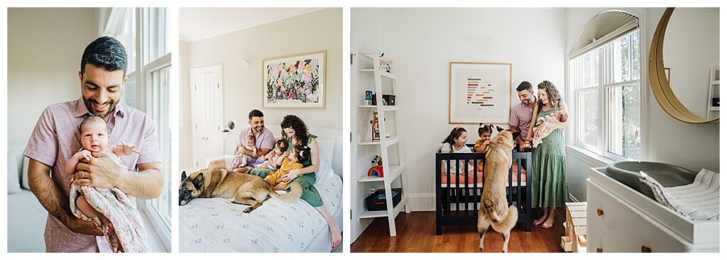 family with pops of color in outfits during in home newborn session in boston