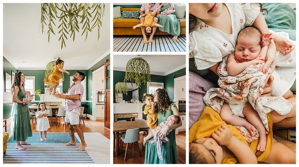 family in green living room takes lifestyle newborn pictures