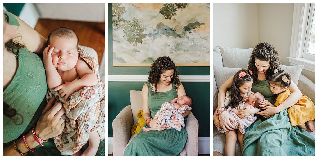 mother snuggles with daughters during newborn session