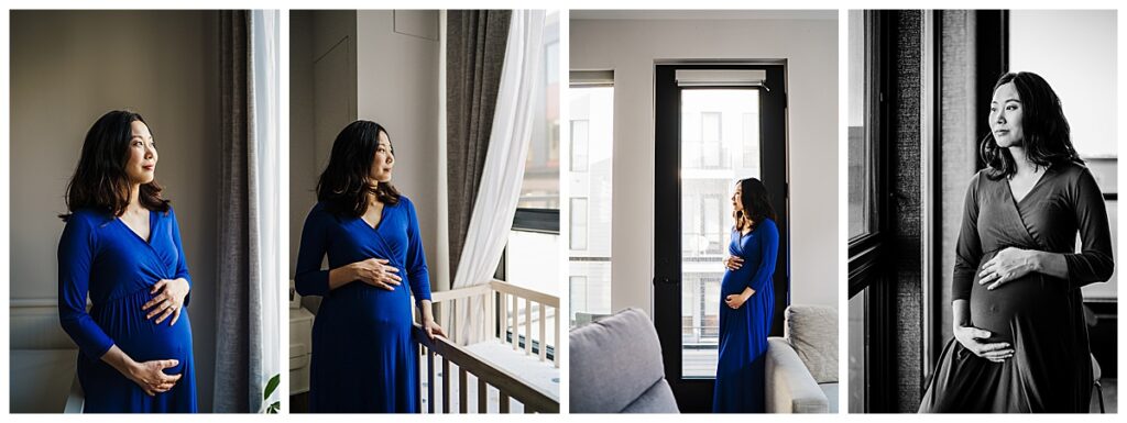 maternity portraits of a mother in a blue dress in an apartment in boston