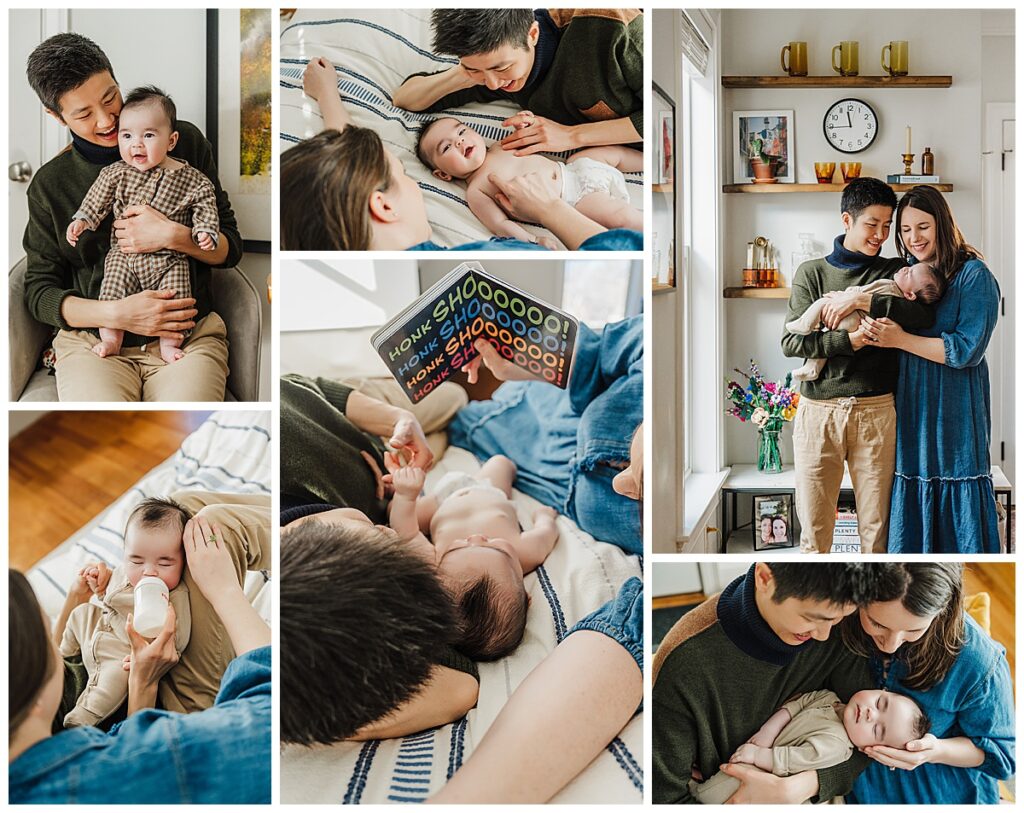 two moms do an inhome lifestyle newborn session with their baby girl in boston