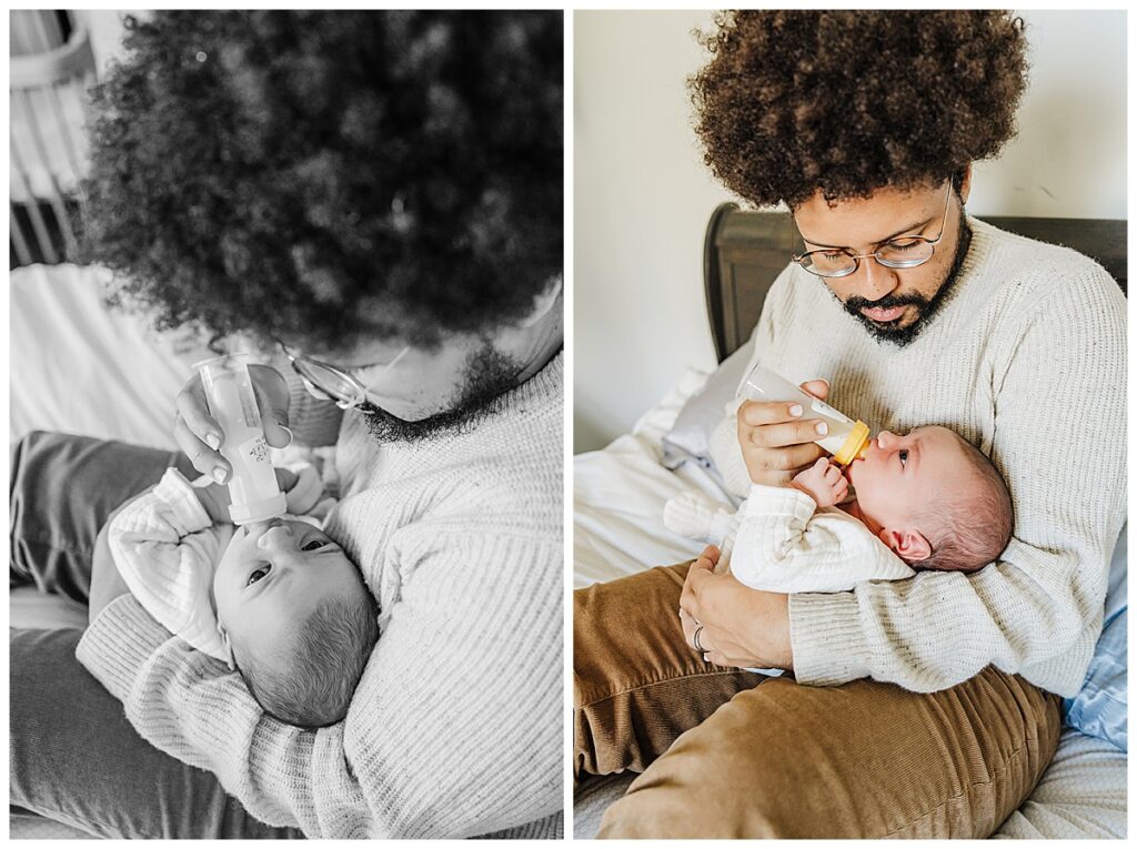 father feeds baby from a bottle during boston newborn pictures