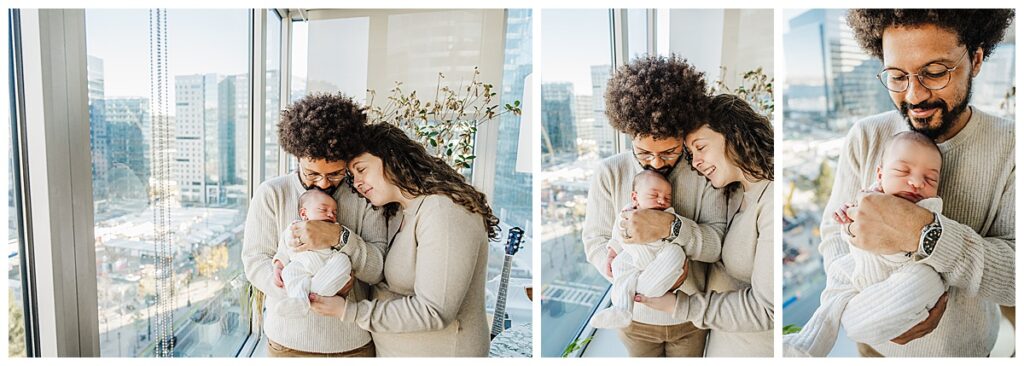 a newborn session with floor to ceiling windows