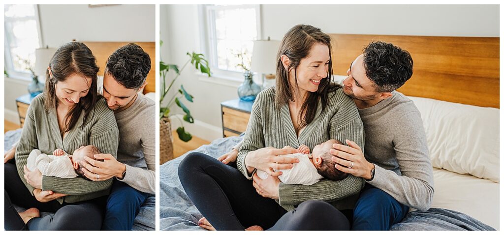 parents sit on bed with baby while demonstrating favorite newborn lifestyle poses