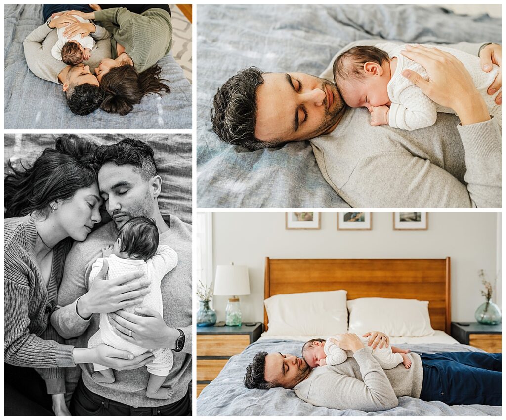 dad snuggles newborn baby to chest during boston newborn photography session