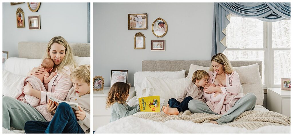 Sibling interacting with newborn during authentic family photo session in Massachusetts