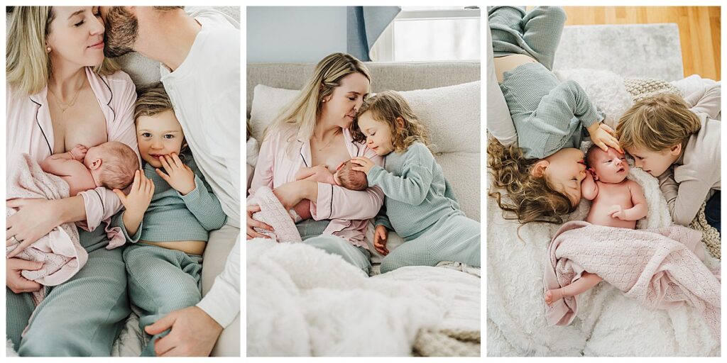 family in matching pjs cuddles during boston newborn photos