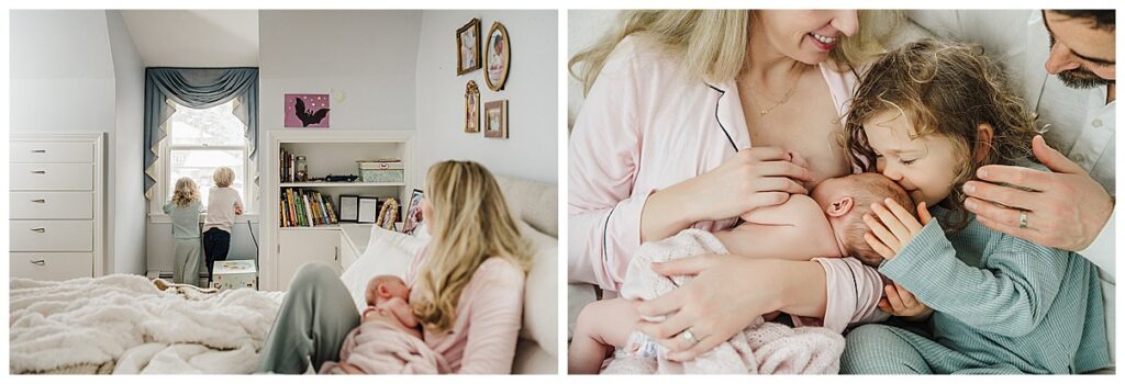  Boston mom in casual outfit cradling newborn in real-life home environment