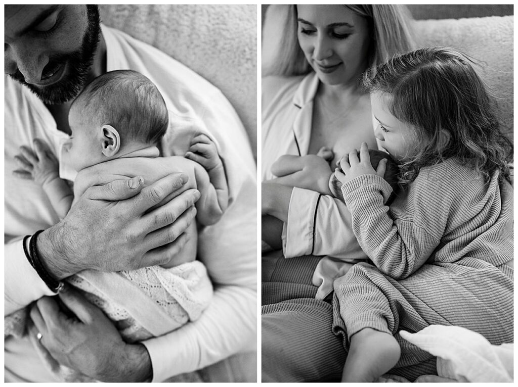 black and white images of a family snuggling a newborn baby in a diaper in boston