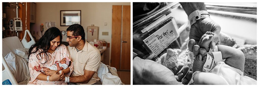 couple in hospital clothes snuggle newborn baby during fresh 48 newborn photos in boston