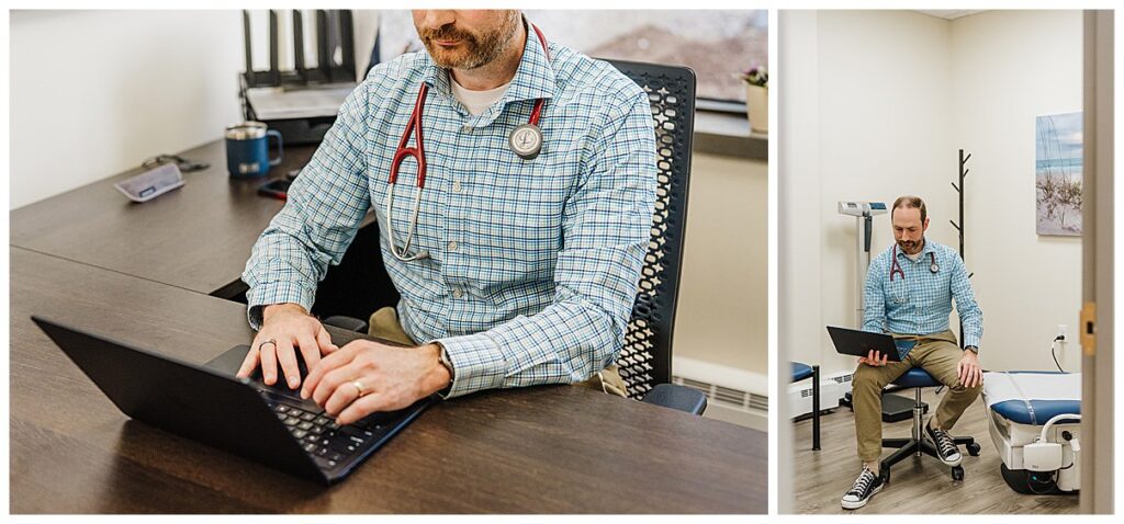 a doctor in a plaid shirt with a stethoscope around his neck works on a laptop in his medical office in boston
