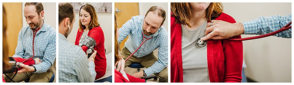 a doctor takes the blood pressure of a patient wearing a red cardigan
